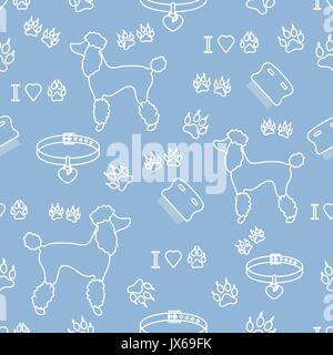 Seamless pattern with poodle silhouette, comb, collar, dog tracks and hearts. Design for banner, poster or print. Stock Vector