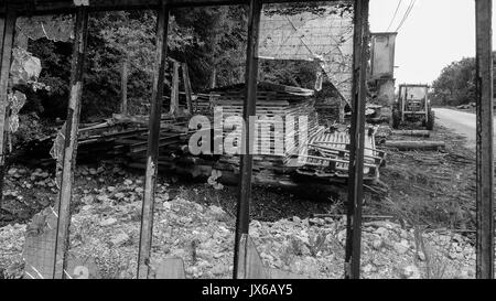 A tour in an an abandonned sawmill, Grandvaux Lake, Jura (France): Stock Photo