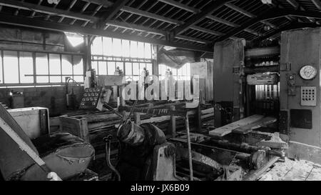 A tour in an an abandonned sawmill, Grandvaux Lake, Jura (France): Stock Photo