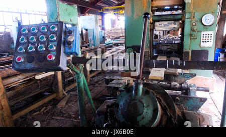 A tour in an an abandonned sawmill, Grandvaux Lake, Jura (France): Stock Photo