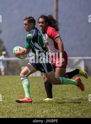 Chico Mighty Oaks vs. the Beachdogs  at the Rugby 7s Tournament in Mount Shasta, California. Stock Photo