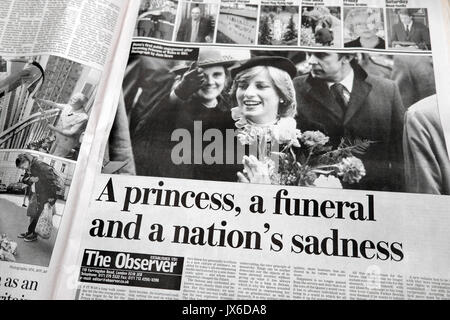 'A princess, a funeral and a nation's sadness'  newspaper headline in The Observer on the Death of Diana Princess of Wales, London, England UK Stock Photo