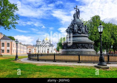 The Millennium of Russia bronze monument in the Novgorod Kremlin with Saint Sophia Cathedral in the background, Russian Federation Stock Photo