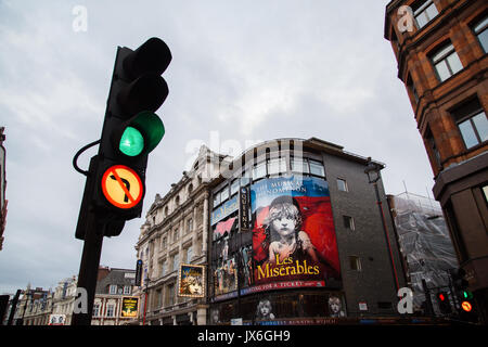Les Miserables Display on show at The Queens Theatre, Shaftesbury Avenue, London UK with Traffic Light at Green in Landscape Orientation.