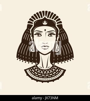 Portrait of beautiful young woman, girl in ethnic outfit. Princess, female warrior logo or label. Vintage vector illustration Stock Vector