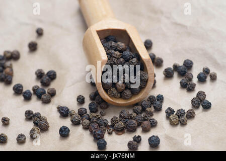 dried black pepper  in measuring spoon on paper background Stock Photo
