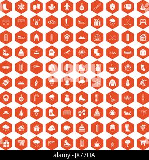 100 winter icons hexagon orange Stock Vector