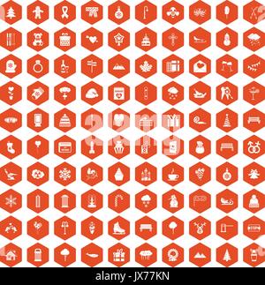 100 winter holidays icons hexagon orange Stock Vector