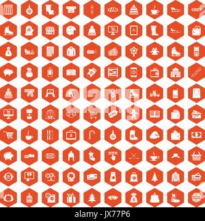 100 winter shopping icons hexagon orange Stock Vector