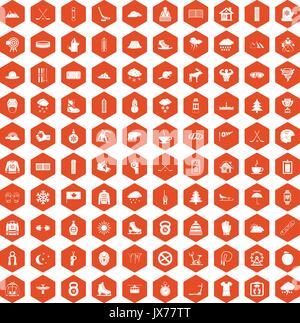 100 winter sport icons hexagon orange Stock Vector