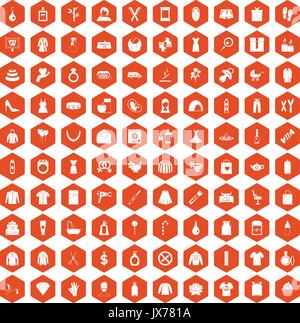 100 woman icons hexagon orange Stock Vector
