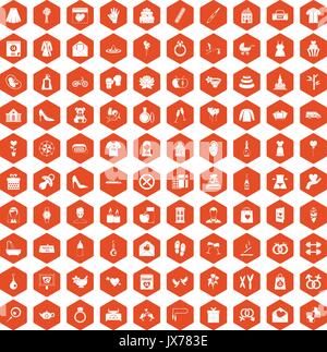 100 woman happy icons hexagon orange Stock Vector