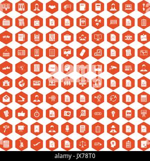 100 work paper icons hexagon orange Stock Vector