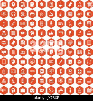 100 work space icons hexagon orange Stock Vector