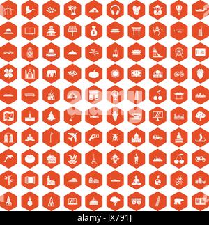 100 world icons hexagon orange Stock Vector