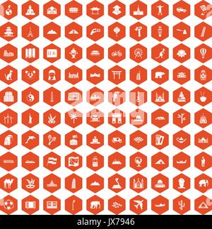 100 world tour icons hexagon orange Stock Vector