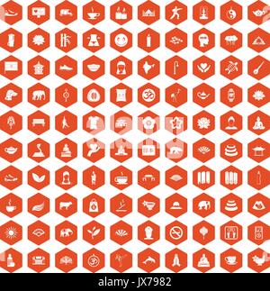 100 yoga icons hexagon orange Stock Vector