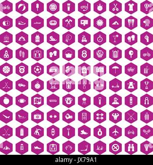 100 active life icons hexagon violet Stock Vector
