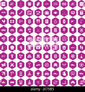 100 activity icons hexagon violet Stock Vector