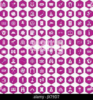 100 adult games icons hexagon violet Stock Vector