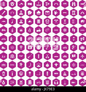 100 adventure icons hexagon violet Stock Vector