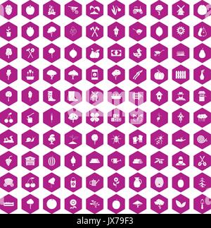 100 agriculture icons hexagon violet Stock Vector