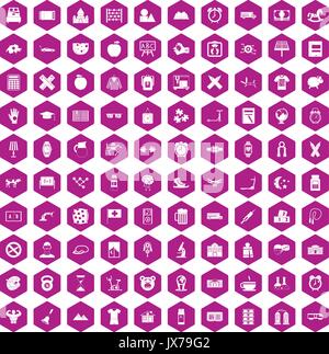 100 alarm clock icons hexagon violet Stock Vector