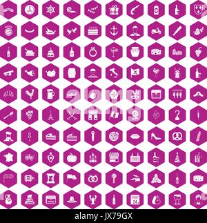 100 alcohol icons hexagon violet Stock Vector