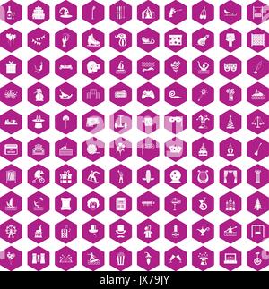 100 amusement icons hexagon violet Stock Vector