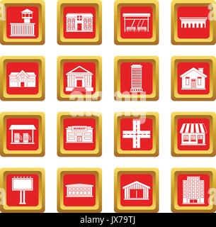 City infrastructure items icons set red Stock Vector