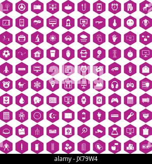 100 app icons hexagon violet Stock Vector