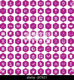 100 archeology icons hexagon violet Stock Vector