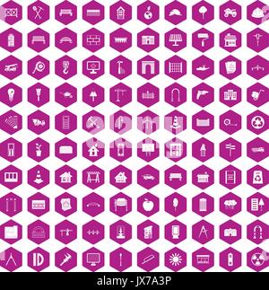 100 architecture icons hexagon violet Stock Vector