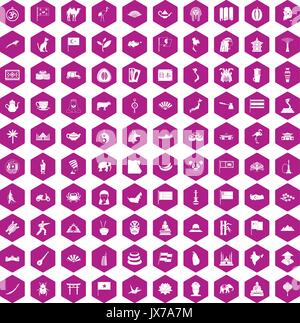 100 Asia icons hexagon violet Stock Vector