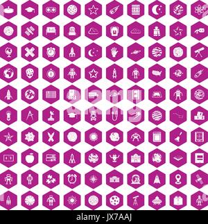 100 astronomy icons hexagon violet Stock Vector