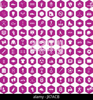 100 athlete icons hexagon violet Stock Vector