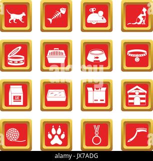 Cat care tools icons set red Stock Vector