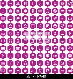 100 audience icons hexagon violet Stock Vector