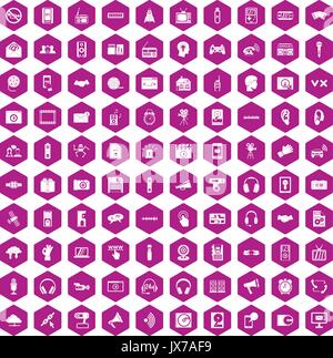100 audio icons hexagon violet Stock Vector