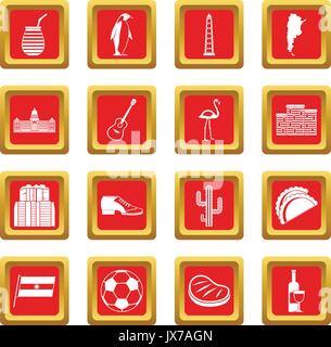 Argentina travel items icons set red Stock Vector