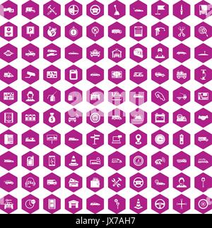 100 auto icons hexagon violet Stock Vector