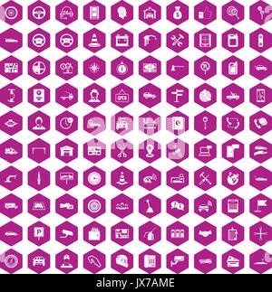 100 auto service center icons hexagon violet Stock Vector