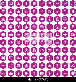 100 autumn holidays icons hexagon violet Stock Vector