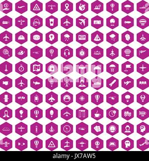 100 aviation icons hexagon violet Stock Vector