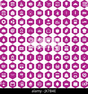 100 bakery icons hexagon violet Stock Vector