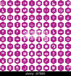 100 ball icons hexagon violet Stock Vector