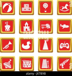 Different kids toys icons set red Stock Vector