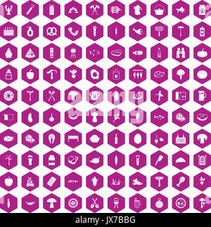 100 barbecue icons hexagon violet Stock Vector