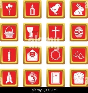 Easter items icons set red Stock Vector
