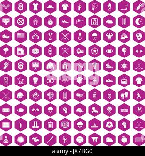 100 baseball icons hexagon violet Stock Vector
